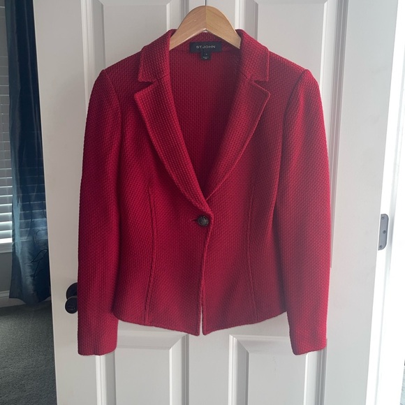ST. JOHN Santana Red Knit One-Button Blazer Jacket Gunmetal Hardware Size 4 - Picture 2 of 11